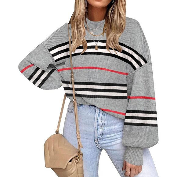 Sweaters - Women's Gray Batwing Long Sleeve Crew Neck Striped Oversized Pullover Sweater